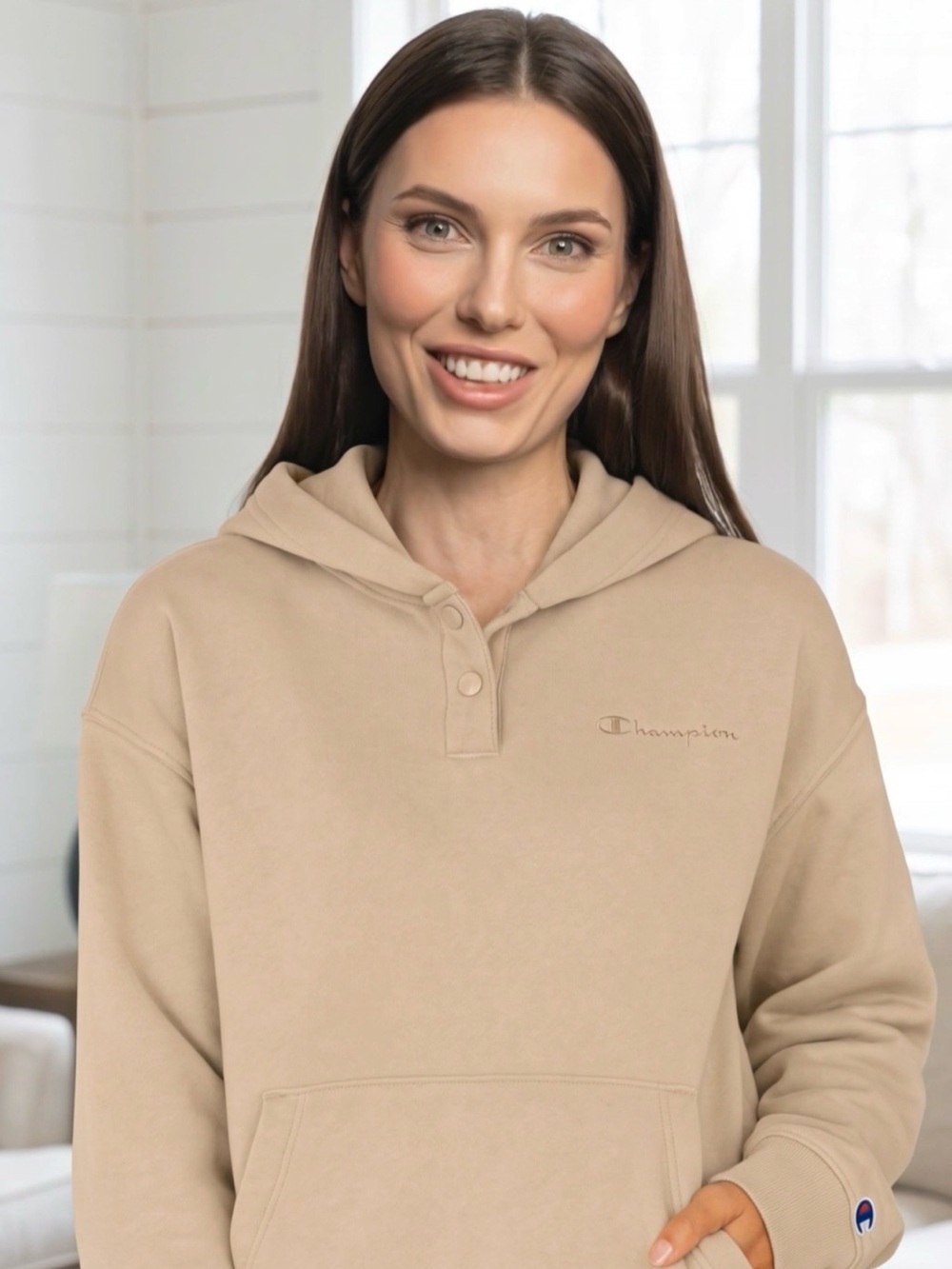 Champion Women's Hooded Pullover Sweatshirt in Beige/Tan